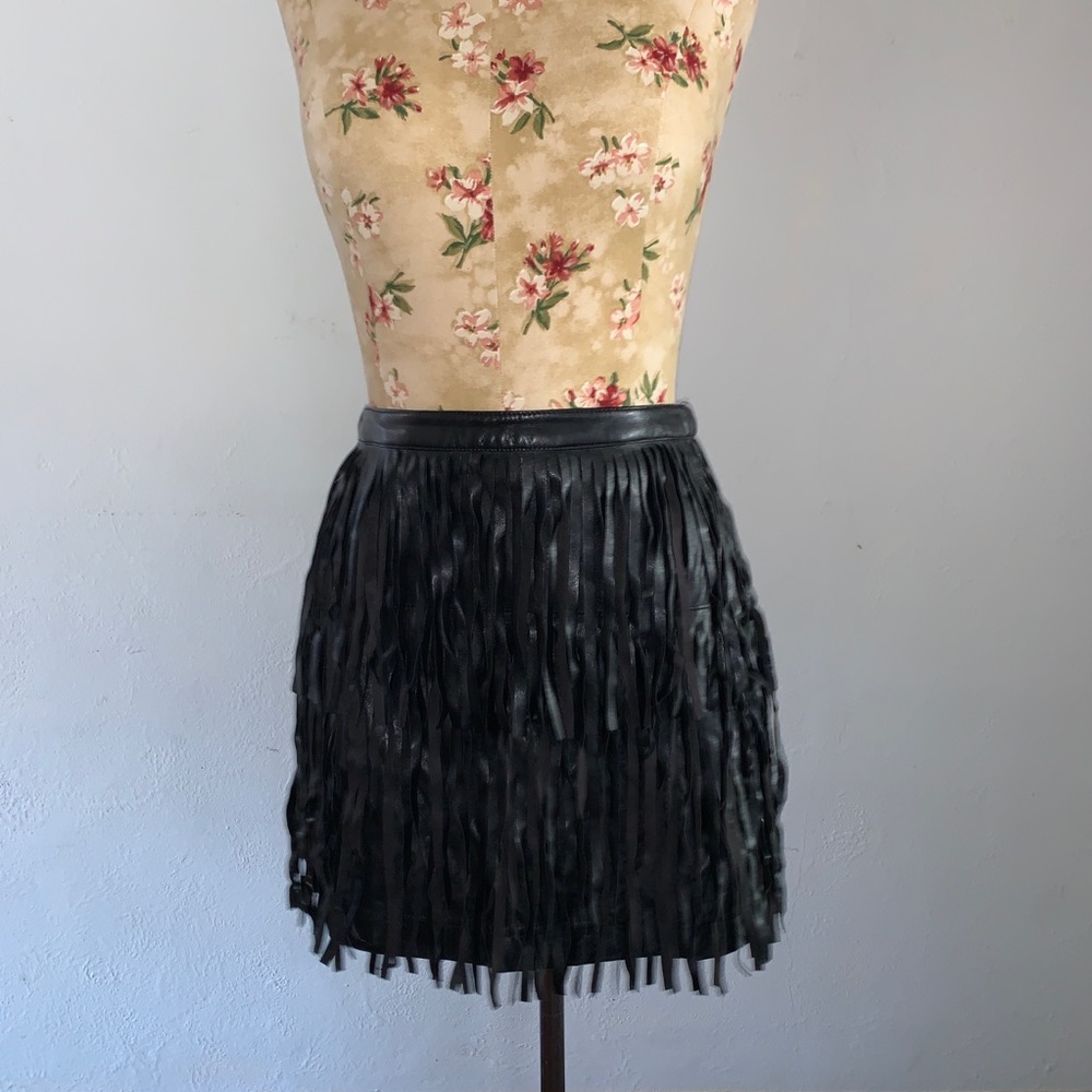 Black faux leather fringe skirt
